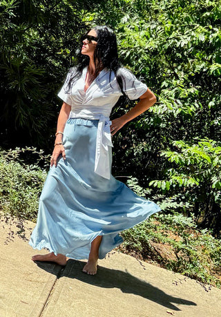 RUCHED WAIST MAXI SKIRT | LIGHT BLUE