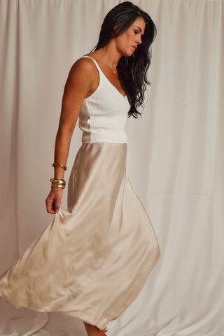 RUCHED WAIST MAXI SKIRT | CREAM