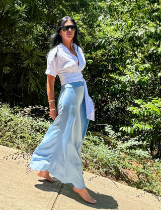 RUCHED WAIST MAXI SKIRT | LIGHT BLUE