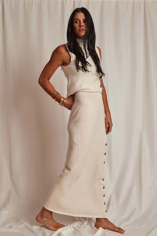 KNIT FULL LENGTH PENCIL SKIRT WITH BUTTON SLIT | IVORY