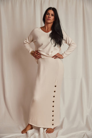 KNIT FULL LENGTH PENCIL SKIRT WITH BUTTON SLIT | IVORY