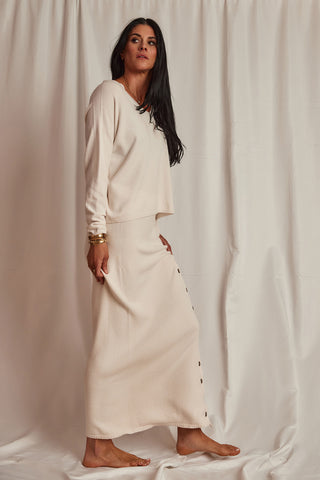 KNIT FULL LENGTH PENCIL SKIRT WITH BUTTON SLIT | IVORY