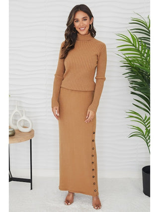 KNIT FULL LENGTH PENCIL SKIRT WITH BUTTON SLIT | CAMEL