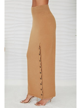 KNIT FULL LENGTH PENCIL SKIRT WITH BUTTON SLIT | CAMEL